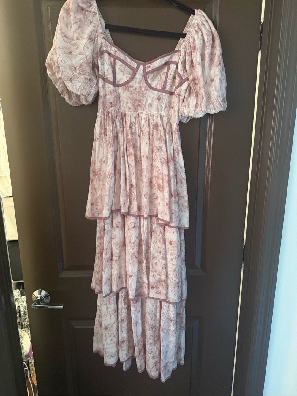 Boutique Boho Tiered Puff-Sleeve Maxi Dress in Dusty Rose